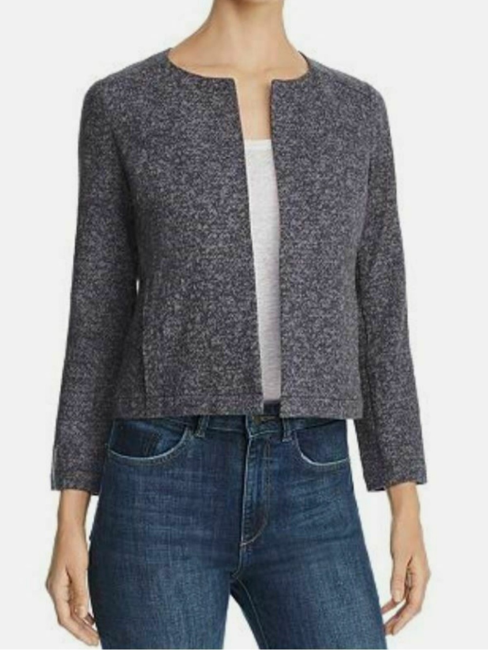 Eileen Fisher Melange Cropped Round Neck Jacket Graphite Textured Blazer S EUC